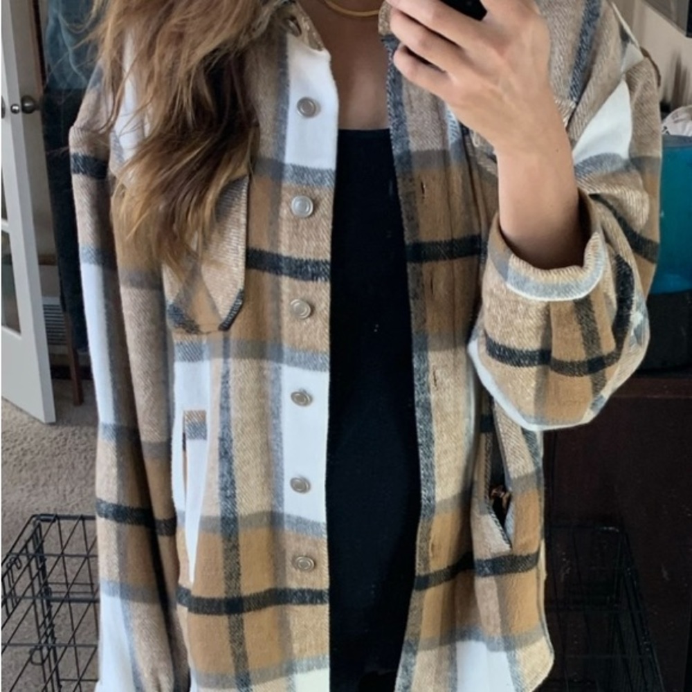 Plaid Button-Up Jacket - Tan and Black